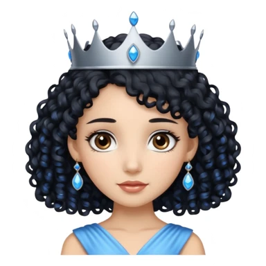 Por favor hazme el emoji de la princesa pero con el pelo negro y rizado, los ojos marrones y la corona plateada con jollas azules sticker