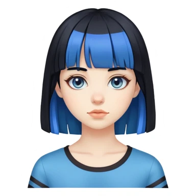 Pale girl, black hair with bangs, and two strips of blue hair sticker