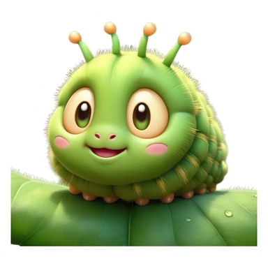 Cinematic Cute Caterpillar Portrait Emoji, Head tilted playfully and inquisitively, featuring a small, fuzzy body with rounded, plump segments, soft, endearing eyes and a charmingly wiggly movement, Simplified yet irresistibly adorable features, highly detailed, glowing with a warm, inviting green glow, high shine, affectionate and lively, stylized with a touch of whimsical woodland charm, soft glowing outline, capturing the essence of a mischievous caterpillar that seems as if it could crawl out of the screen into your arms! sticker