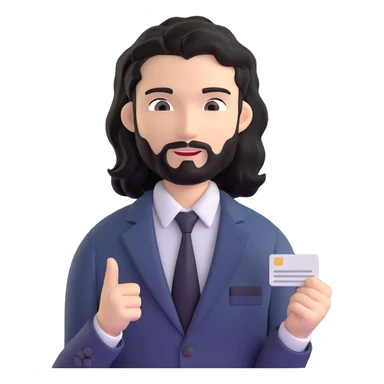 Business strategist with black wavy hair, stubble, chiseled face, wearing blazer and button-up shirt, engaged in conversation at a networking event, holding business card, surrounded by other professionals, social business setting sticker