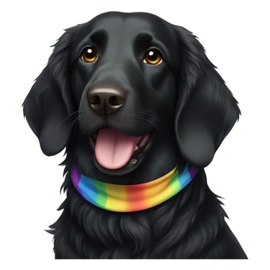 Black Flat coated retriever with small ears wearing rainbow bandana sticker