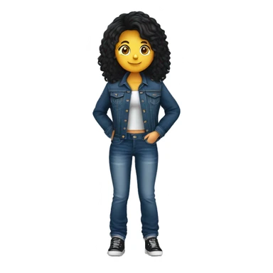 Boneca de Menina gordinha de calça de jeans preta e blusa preta, jaqueta jeans de cabelo cacheado curto segurando câmera  sticker