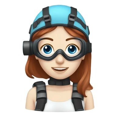 A young woman with red/ brown hair, blue eyes and pale skin with a scuba diving regulator in her mouth and a light blue scuba diving mask on  sticker