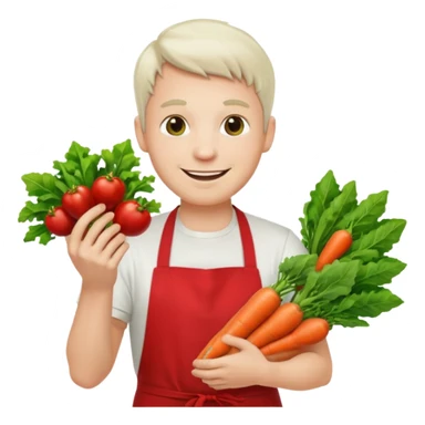 guy white t-shirt red apron smiling with vegetables sticker