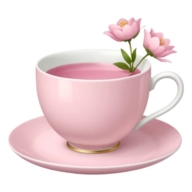 White teacup on a pastel pink plate, pink flowers on the side sticker