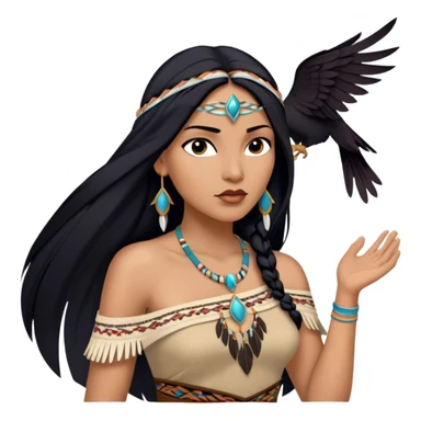 Cinematic Realistic Pocahontas Portrait, depicted with lifelike skin texture, soft natural lighting, and intricately detailed long, flowing raven-black hair that moves gracefully in the wind. Her deep, soulful dark brown eyes exude wisdom and strength, complemented by a serene yet powerful expression. She is dressed in her classic one-shoulder native american dress, with rich fabric textures and delicate beaded details that catch the light beautifully. The portrait features a soft, sun-kissed glow with a natural, radiant finish, capturing the essence of untamed beauty and deep connection to nature in a realistic and painterly style, evoking a sense of depth and authenticity. sticker