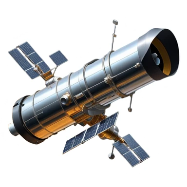 cinematic-realistic-hubble-space-telescope-emoji, an awe-inspiring, ultra-detailed depiction of the Hubble Space Telescope floating in space, its large, reflective metallic surface gleaming against the backdrop of the infinite blackness. The telescope's vast solar panels extend outwards, catching the light from distant stars, while its intricate, cylindrical body showcases advanced, precise engineering. The telescope's large, hexagonal lens is pointed towards the cosmos, surrounded by mechanical components, wires, and sensors. The detailed textures of the telescope’s metallic exterior, the shiny reflective coating, and the intricate grid-like solar panels are sharply contrasted against the void of space, with distant stars and nebulae faintly visible in the background, adding to the sense of scale and te sticker