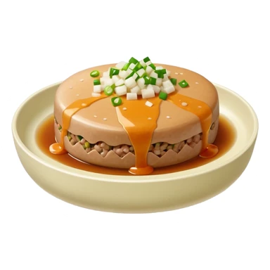 Emoji of a Chinese steamed pork patty in a small dish, topped with chopped scallions, soft texture, minimal style. sticker