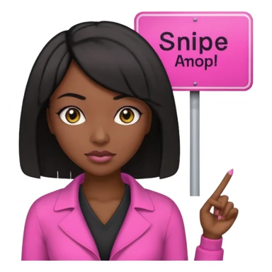 Dark skin woman with black bob in hair holding sign that says snipe  wearing pink outfit  sticker