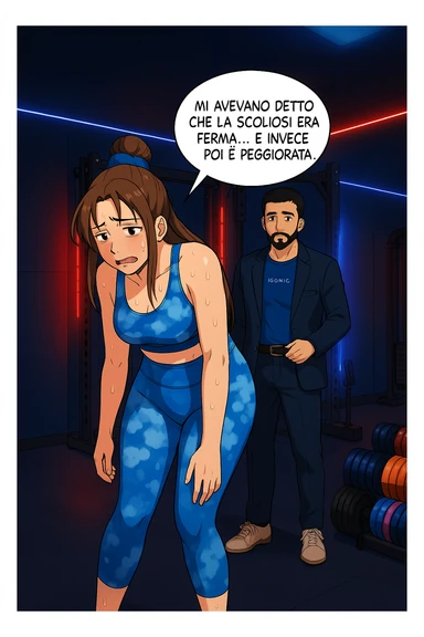 fai questa immagine in versione fumetto/manga/webtoon a colori, il manga mostra l'uomo che risponde alla donne:
Succede spesso purtroppo. 
Forse non ti piacerà ma devi saperlo, per evitare danni, anche irreversibili, alla colonna vertebrale e un potenziale intervento chirurgico. sticker