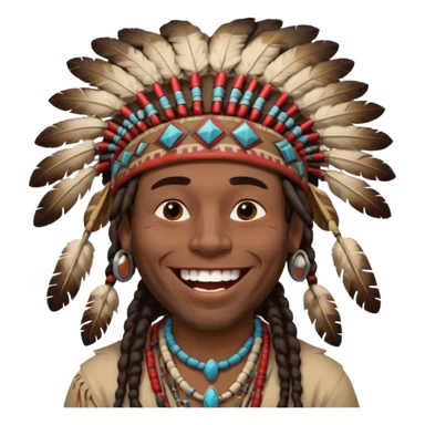 Black American man dark brown with dreads with a American Indian headdress with a laughing face sticker