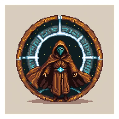 Cloaked figure with brown robe and sci-fi mask emerging from an energy portal sticker