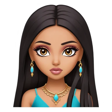 pretty bratz baddie, medium skin, dark long straight hair, arabian face, pretty eyeliner makeup sticker
