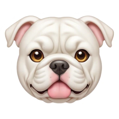 Cinematic Cute White English Bulldog Portrait Emoji, Head tilted playfully and inquisitively, featuring a silky pure white coat with a gentle sheen, round, sparkling brown eyes filled with curiosity, Simplified yet irresistibly adorable features, highly detailed, glowing with a warm, friendly glow, high shine, affectionate and charming, stylized with a touch of whimsy, bright and endearing, soft glowing outline, capturing the essence of a mischievous yet loving companion, so playful it feels like it could bound out of the screen and into your arms! sticker