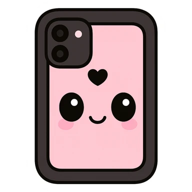 Remove any purse or purse-matching elements. Focus only on a pink and black gothic phone case in kawaii style with big eyes, smiling, cartoonish, playful. No purse references. No background. sticker