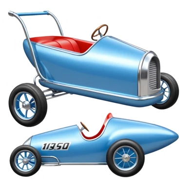 Light sparkling blue and chrome 40’s style Antique-looking shopping cart (made of shopping cart material) race car with custom aero body and rear wing  sticker