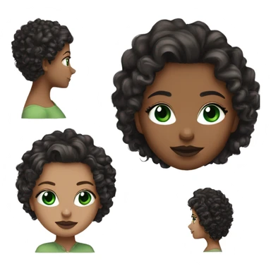 white girl, green eyes, BLACk long curly/wavy hair, earrings, green v-neck top, mascara mauve lipstick sticker