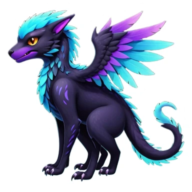 Black Dark Exotic Black, Cyan, Purple, Beaked Feathery Nocturnal Neon-glowing Abyssal Nightly Abyss-Cat-Gryphon-Salandit-Nargacuga-Silvally-Vernid-Sergal-Fakémon-Hybrid-Creature (full body) sticker