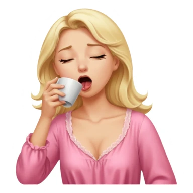 A blonde woman in a pink nightgown yawns, looking sleepy with dark circles under her eyes, drinking coffee, looking like she just woke up. sticker
