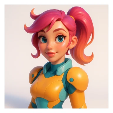3D sculpture of female character in Pixar × Overwatch × Loish style, smooth shapes, warm porcelain skin, smooth and plastic finish, vivid pastel colors, soft bloom, white gradient background, juicy highlights on eyes and lips, no contours or rough textures sticker