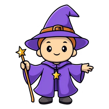 cartoon wizard kid with a big hat and sparkles sticker