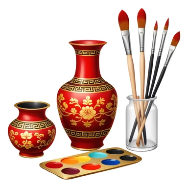 Chinese metal painting icon, delicate Chinese patterns painted on a metal vase, visible fine paintbrush, paint pots, and accessories like porcelain palette and cloth, vibrant colors like red, gold, and black, minimalistic style, clean lines, transparent background. sticker