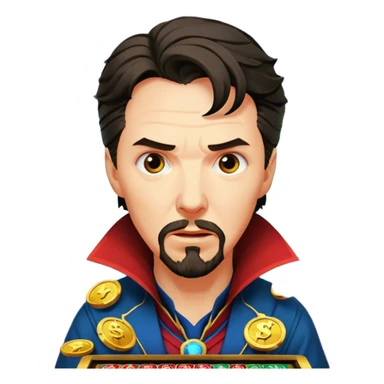 disheveled Doctor Strange losing money at a slot machine, panicked face, coins flying sticker