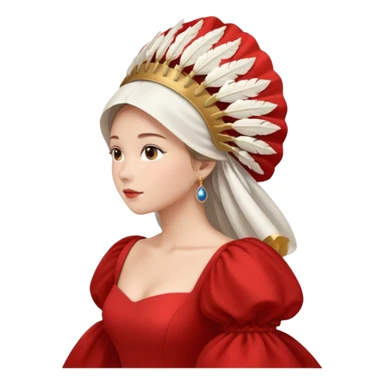 mujer de perfil con un vestido rojo de manga y falsas largas y voluptosas, y una toca blanca GRANDE que cubre su cara de perfil sticker