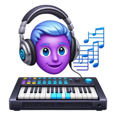 Create a sleek and modern emoji that represents sound design. The design should feature sound waves made from musical notes, a sound mixing console, and a pair of studio headphones to symbolize the process of creating and shaping sound. Include elements like a synthesizer or audio effects buttons to highlight the creative tools used in sound design. Use futuristic colors like neon blue, purple, and silver to convey the cutting-edge, experimental nature of sound creation. The background should be transparent. sticker