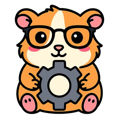 Make the guinea pig match the original reference: same face and glasses style, but holding a gear for a settings app, in a cute, outlined, colorful style. sticker