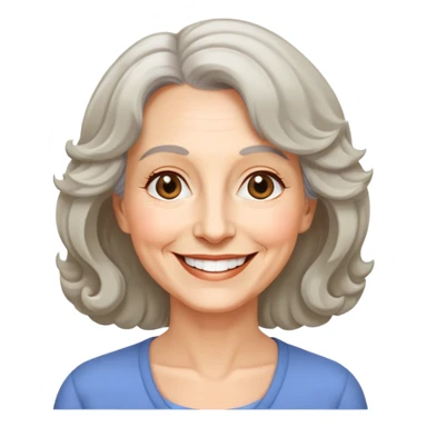 "- Nữ
- 60 tuổi
- Da trắng
- Tóc ngang vai, xoăn nhẹ
- Mặt cười tươi, vui vẻ, mắt đen sticker