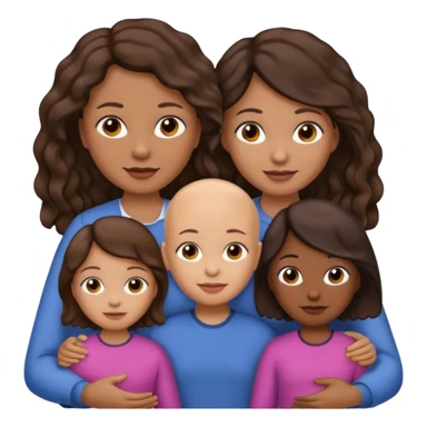 Simple family emoji where the dad is darker skinned and bald, the mom is lighter skinned with brown hair. Also two daughters with one having slightly darker skin and black wavy hair. The other daughter with lighter skin and wavy brown hair. sticker