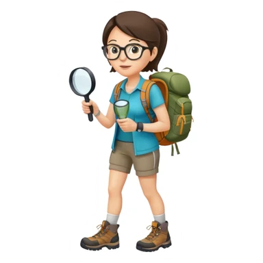 Woman in her 40s with glasses wearing sporty outfit, hiking boots, and backpack, holding a magnifying glass and looking curious sticker