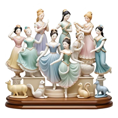 Icon for Porcelain Figurine Collecting: a collection of delicate porcelain figurines, such as animals, dancers, and historical characters, displayed on a shelf or in a display case. The icon should convey the elegance and artistry of collecting porcelain statues. Transparent background. sticker