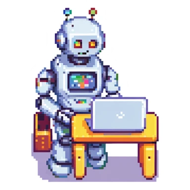 A funny robot using a laptop, bright colors, cartoonish and humorous. sticker