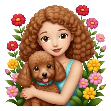 A beautiful girl happily hugs a brown poodle in the flowers sticker