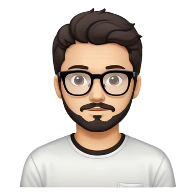 young adult man with light skin, short beard, dark wavy hair, relaxed expression, very wide rectangular glasses with thick black acetate frame and thick double bridge, retro oversized style, colorful open shirt and white t-shirt sticker