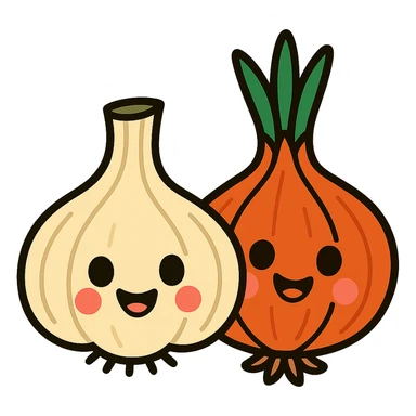 vibrant cartoon style garlic and onion with smiling faces sticker