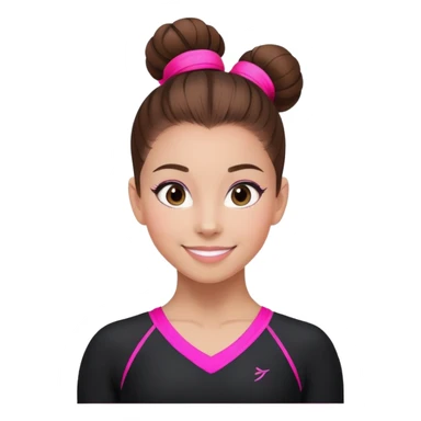 Happy female gymnast with brown hair in a neat bun, wearing a black uniform with neon pink elements. sticker