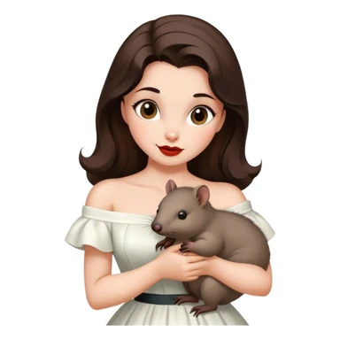 Beautiful woman in 1950’s woman fashion look, off-shoulder white dress, long dark brown hair, wombat sticker