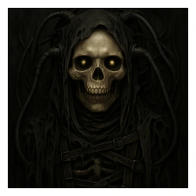 Add black rags and bondage straps to the dark intertwined wires and black creature, keeping the dark surreal look inspired by H.R. Giger's style. Maintain the skull, wires, and overall eerie atmosphere in the image. sticker