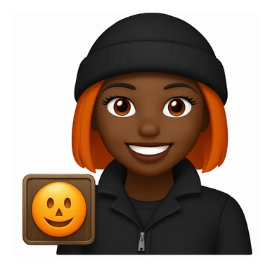 Make the subject wear a black beanie on her head and a black jacket, originally in apple style emojis sticker