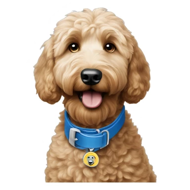Goldendoodle with blue collar and AirTag is getting ready to eat is food sticker