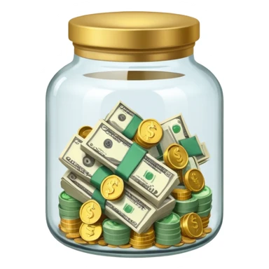 glass tip jar emoji style, simple with cash and coins  sticker