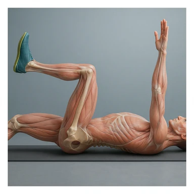 Edit the image of a man in dead bug position, side view, hyperrealistic anatomical 4K version: the arm on the ground is fully extended above the head, pelvis and spine bones visible, translucent muscles and skin, medical atmosphere, realistic anatomical details. Variant 6, slightly change the position of the hands. sticker