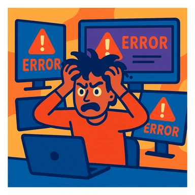 frustrated developer at work surrounded by error messages on screens pulling at hair stylized illustration sticker