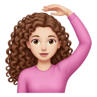 pale white girl with long brown curly hair stretching pink sticker