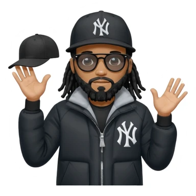 African American man with shoulder length black dreadlocks with black beard wearing black sunglasses wearing a black New York Yankees logo baseball cap wearing a black bubble winter coat with hands out with both palms facing down sticker