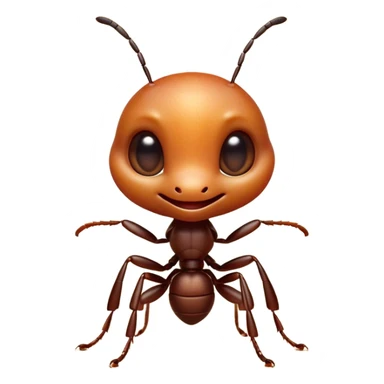 Cinematic Cute Ant Portrait Emoji, Head tilted playfully and inquisitively, featuring a minuscule, charming body with a delicately textured exoskeleton and round, sparkling eyes brimming with curious mischief, Simplified yet irresistibly adorable features, highly detailed, glowing with a warm, inviting earthy glow, high shine, affectionate and lively, stylized with a touch of whimsical industrious charm, soft glowing outline, capturing the essence of a mischievous ant that seems as if it could scurry out of the screen into your arms! sticker
