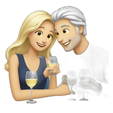 A woman with brown eyes and blond hair and a man with blue eyes and grey hair, they toast to each other with a glass of white wine. sticker